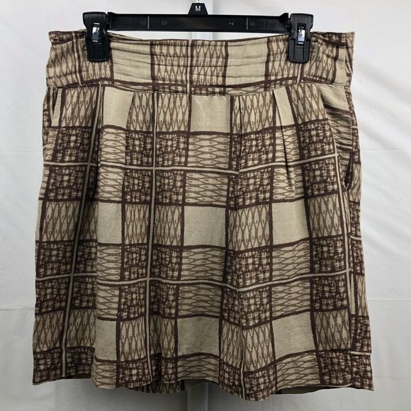 Banana Republic Pleated Skirt Women 6 Brown Plaid Linen Fully Lined Pockets - Picture 1 of 12